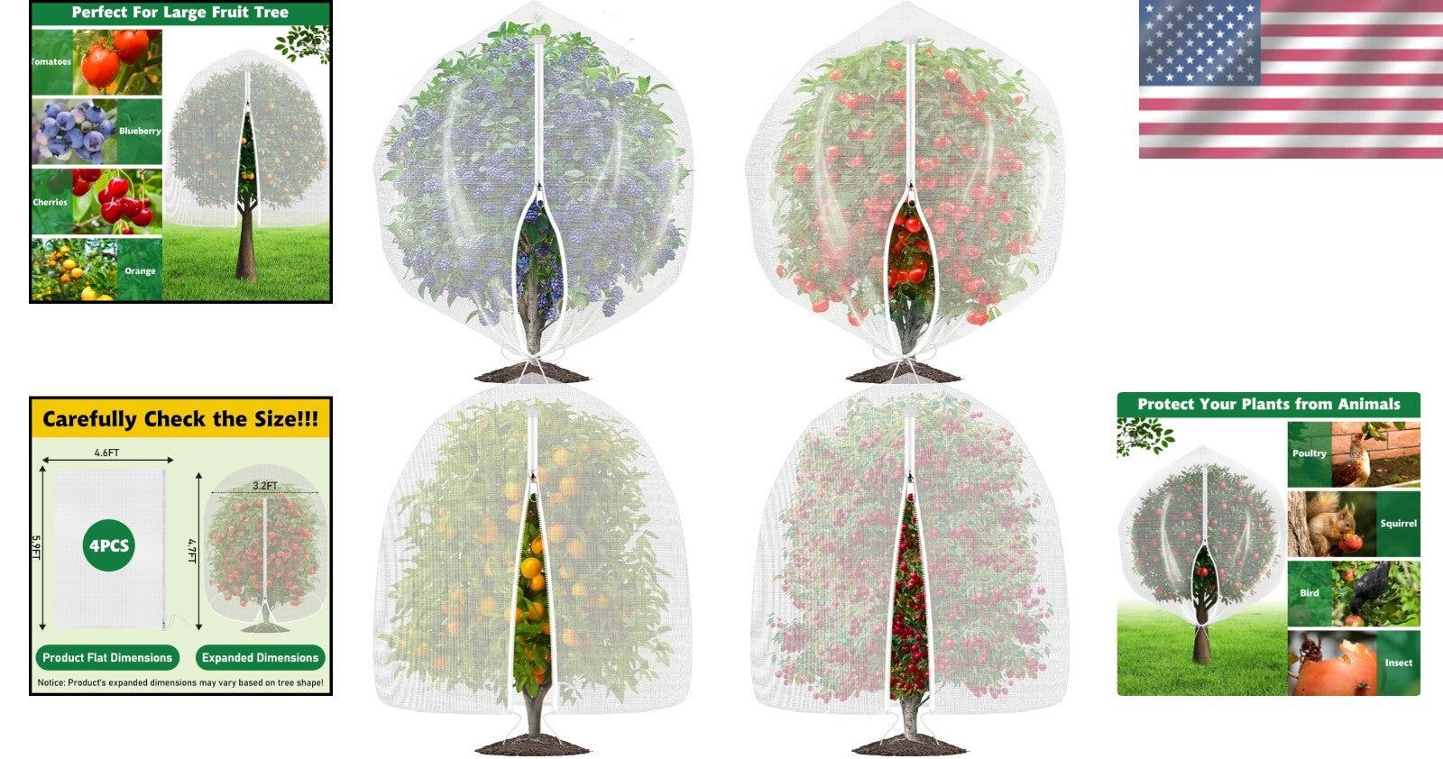 4PC Garden Netting Covers - Zippered & Drawstring Design, 4.6x5.9 FT Mesh Bags