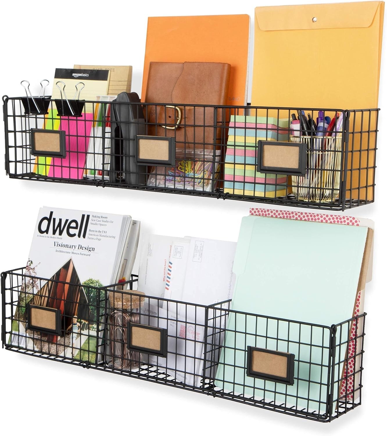 Charming Black Metal Wall Rack Organizer for Papers and Magazines - Set of 2