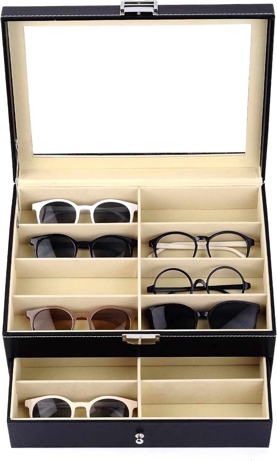 16-Slot Leather Sunglass Organizer with Anti-Scratch Glass Top - Classic Black
