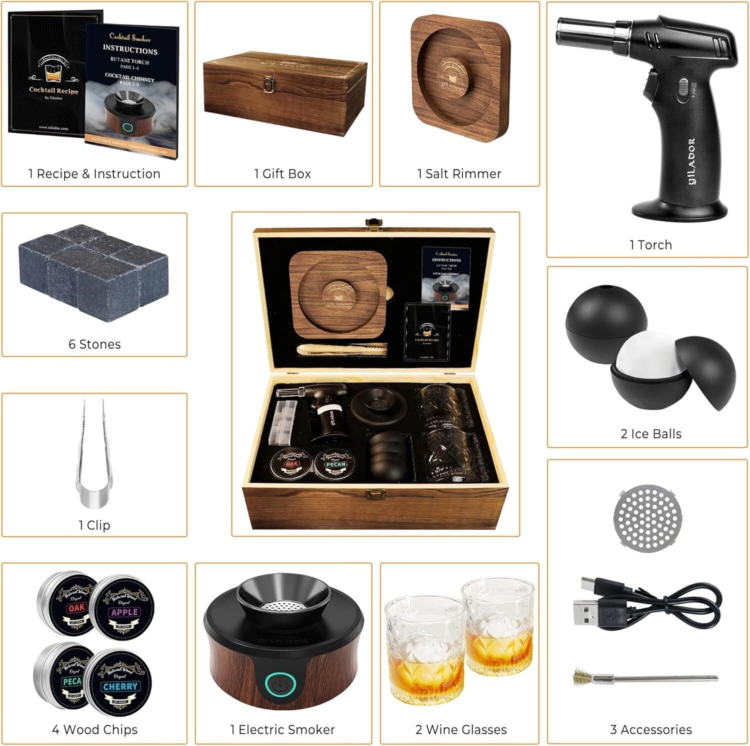 All-In-One Whiskey Smoker Kit with Premium Wooden Box and Cocktail Accessories