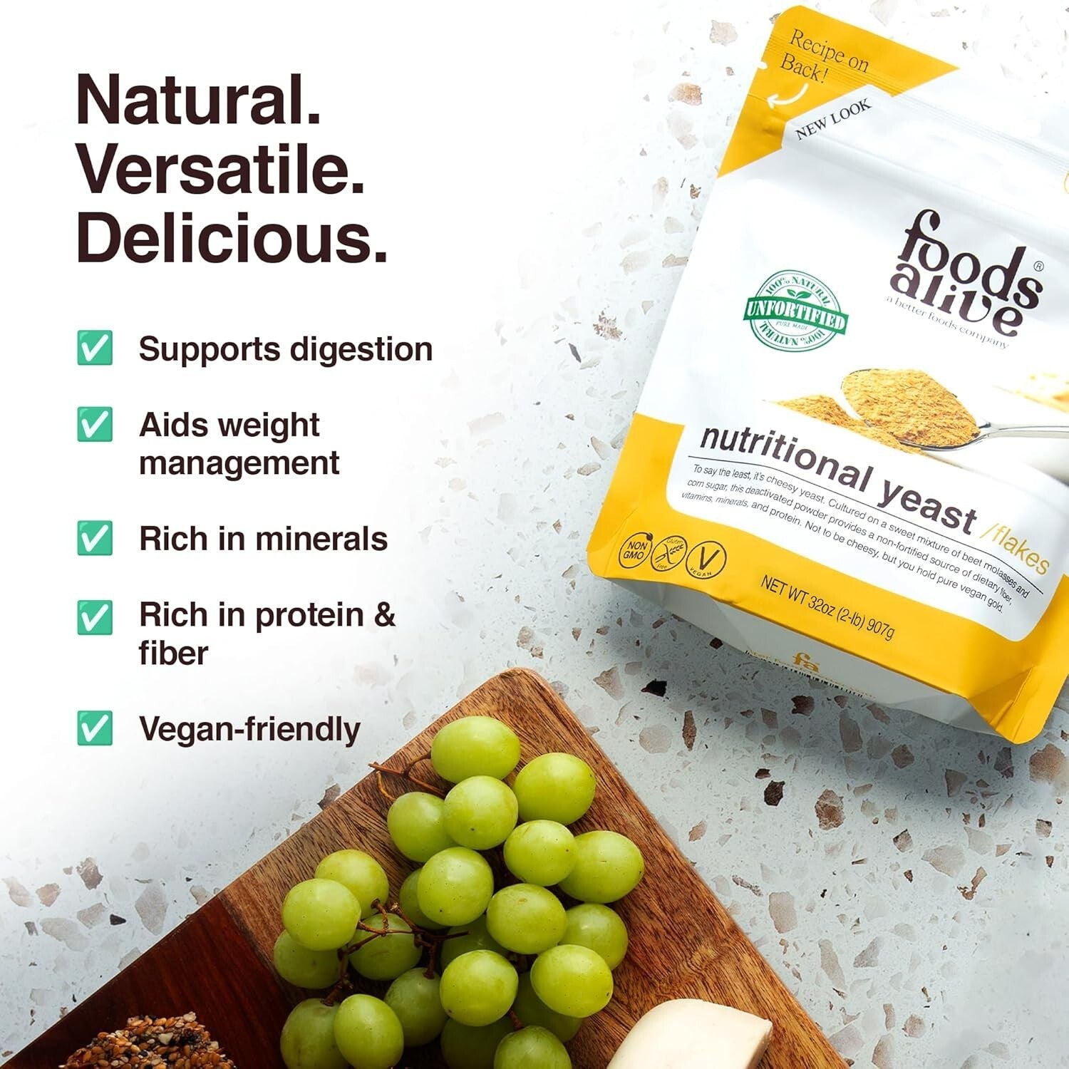 Non-Fortified Vegan Cheese Powder – 2 lbs Nutritional Yeast Flakes, Gluten-Free