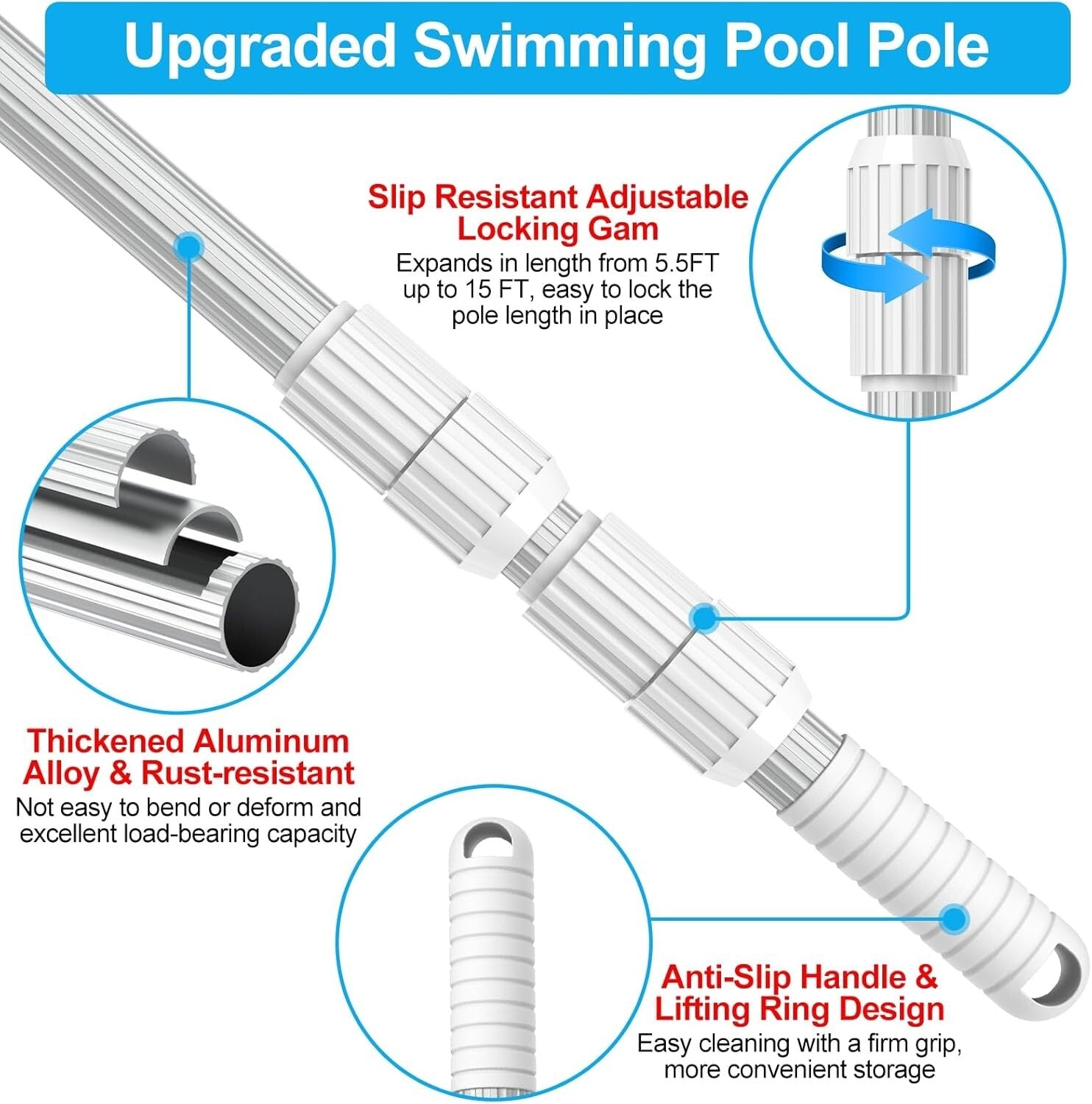 Durable 15FT Pool Cleaning Pole with Slip-Resistant Grip – Heavy-Duty Aluminum