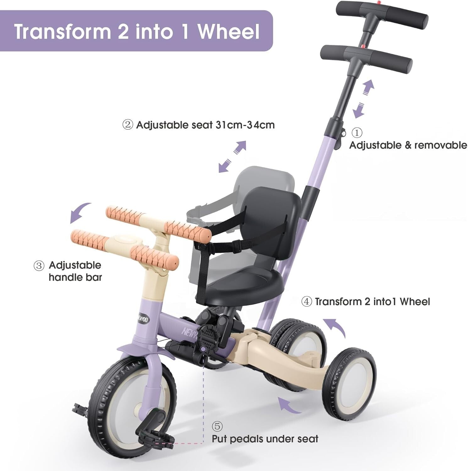 Adjustable Purple Toddler Tricycle with Safety Features - Perfect Birthday Gift