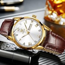 Load image into Gallery viewer, Elegant 39mm Brown Leather Dress Watch with Gold Case &amp; Waterproof Feature