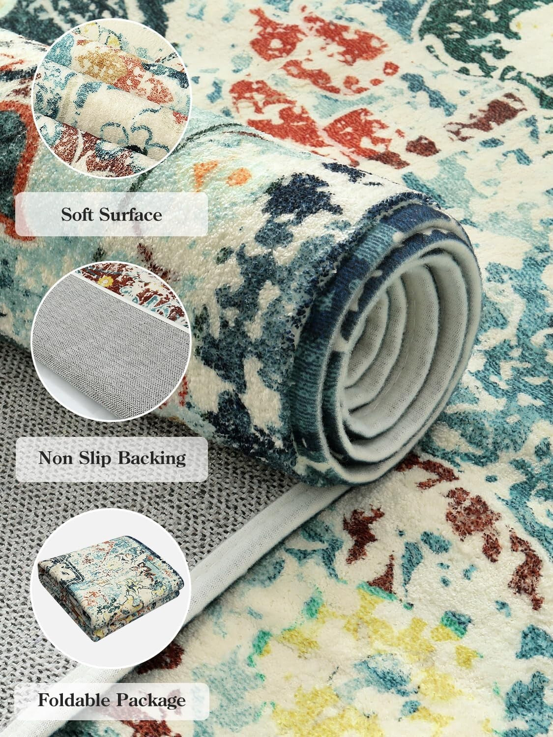 2x6 Floral Medallion Indoor Runner - Soft Faux Wool, Non-Slip & Machine Wash