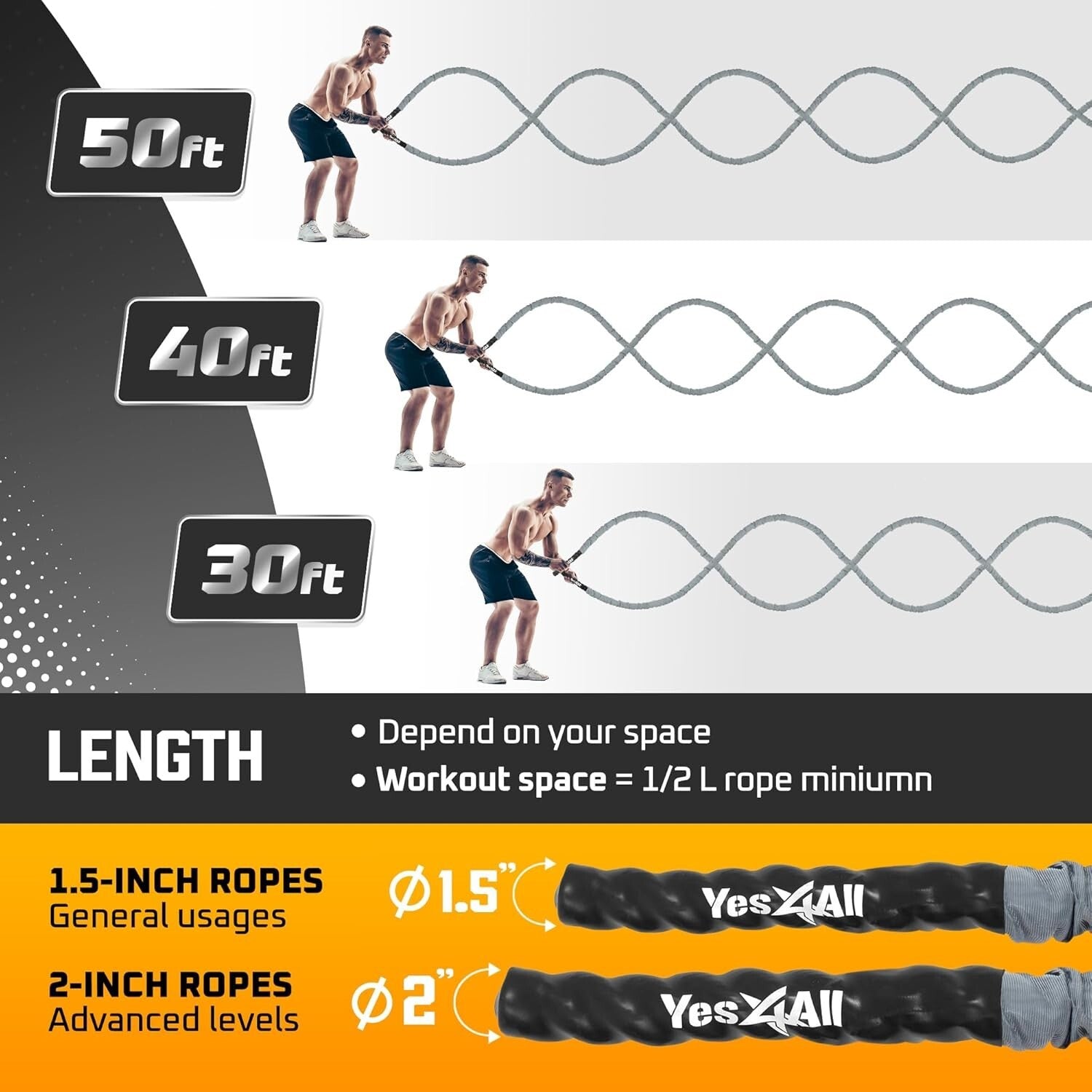Comprehensive Exercise Battle Ropes - Steel Anchor Included, All Fitness Levels