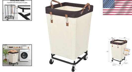 160L Rolling Canvas Laundry Basket with Wheels - Minimalist Beige Design
