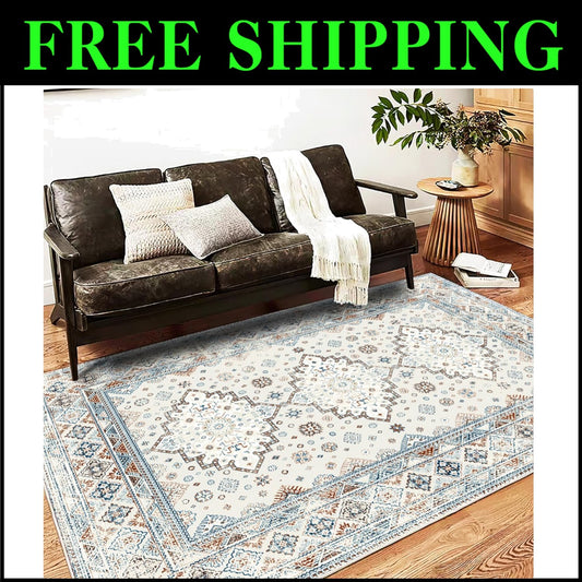 Boho Chic Washable Area Rug 5x7 - Non-Slip Medallion Design for Modern Homes