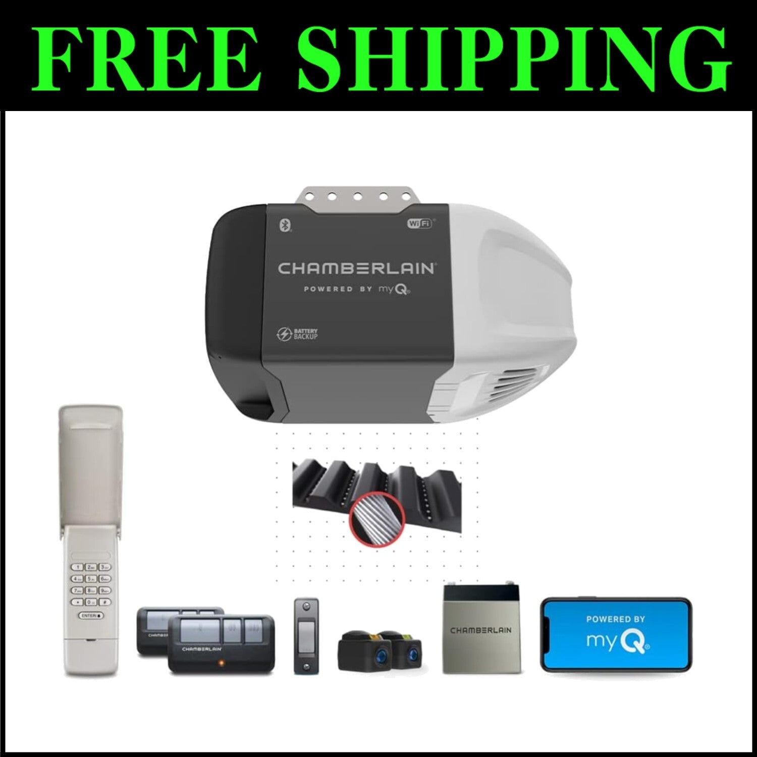 Smart Garage Door Opener with Battery Backup, Remote Control & Quiet Operation