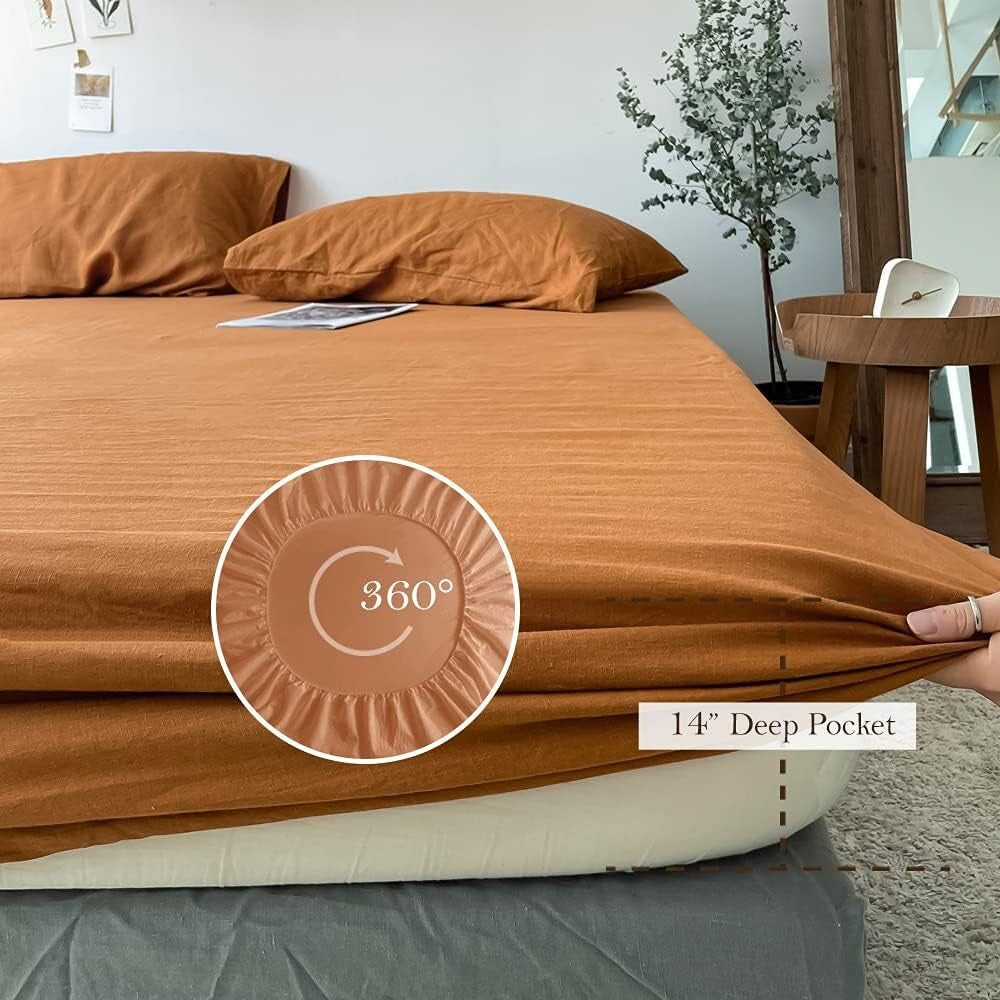 Elegant 4-Piece Rust Linen Bedding Set - King Size Pre-Washed Farmhouse Style