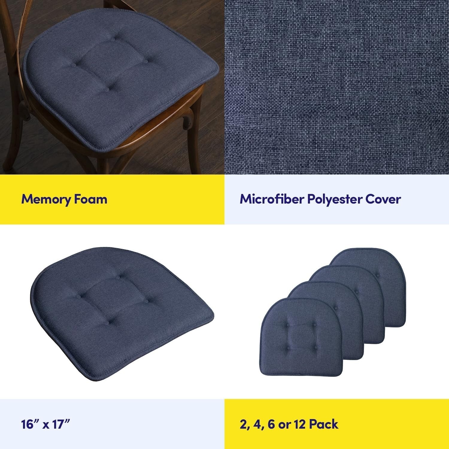 Durable Non-Skid Memory Foam Chair Pads - Denim Blue, 17" x 16", Pack of 12