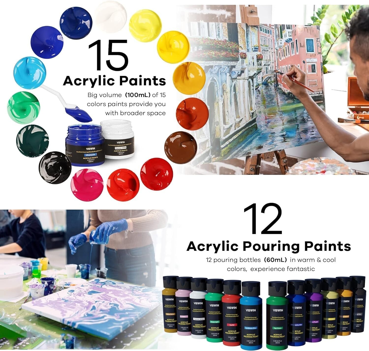 All-In-One French Easel Painting Kit - 15 Acrylics, Brushes, and Canvas Included