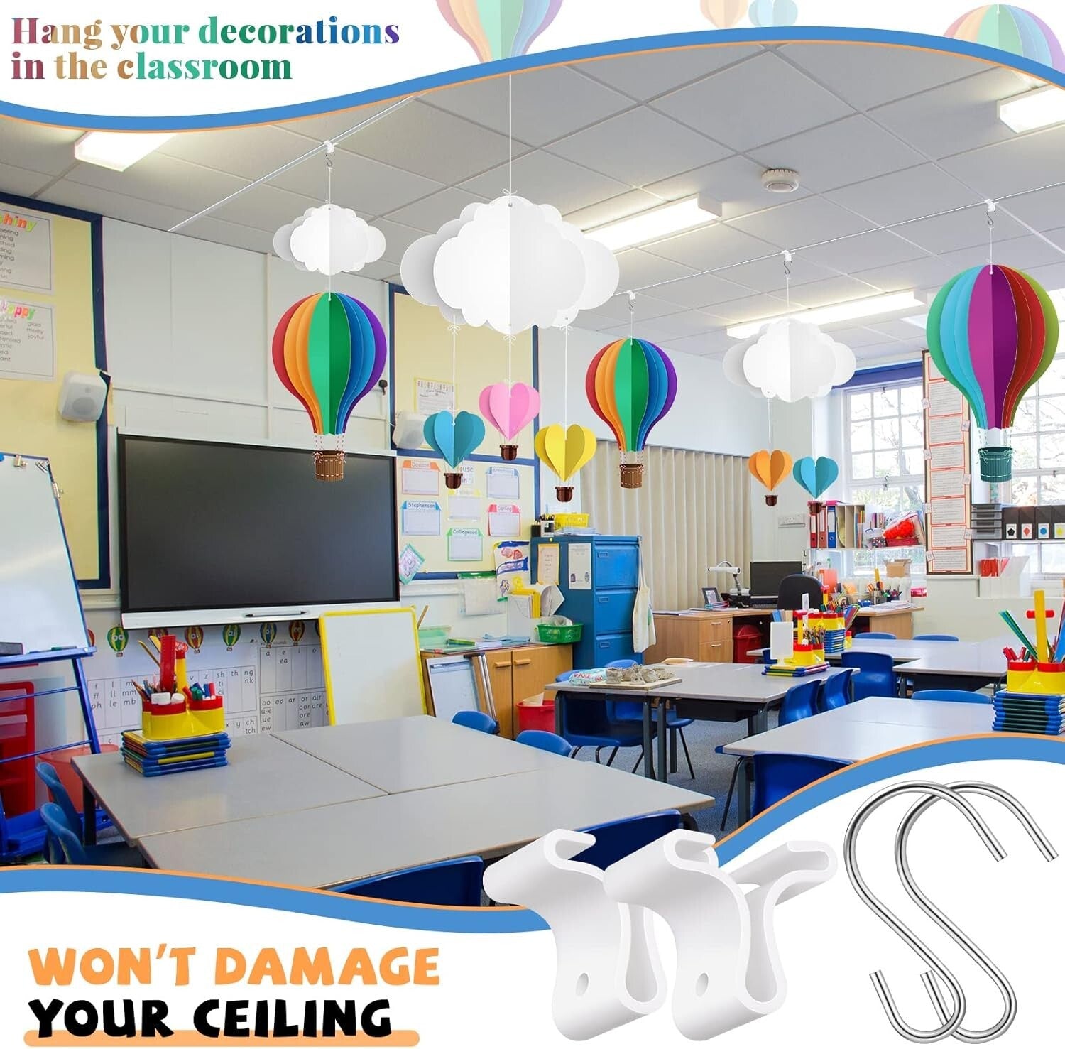 70 Pack Ceiling Hooks & Clips for Classrooms - Durable White Decor Solution
