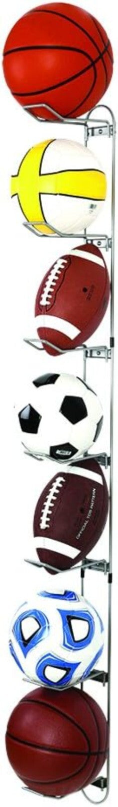 Space-Saving Silver 7-Ball Sports Rack for Efficient Garage Organization