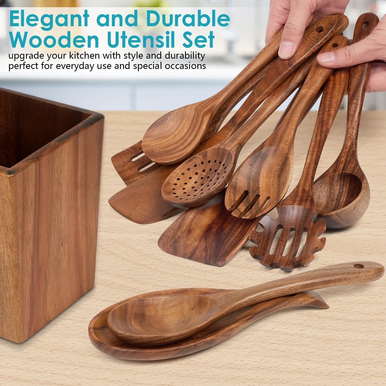 Luxurious Acacia Wood 11-Piece Kitchen Utensils Set - Lightweight & Durable