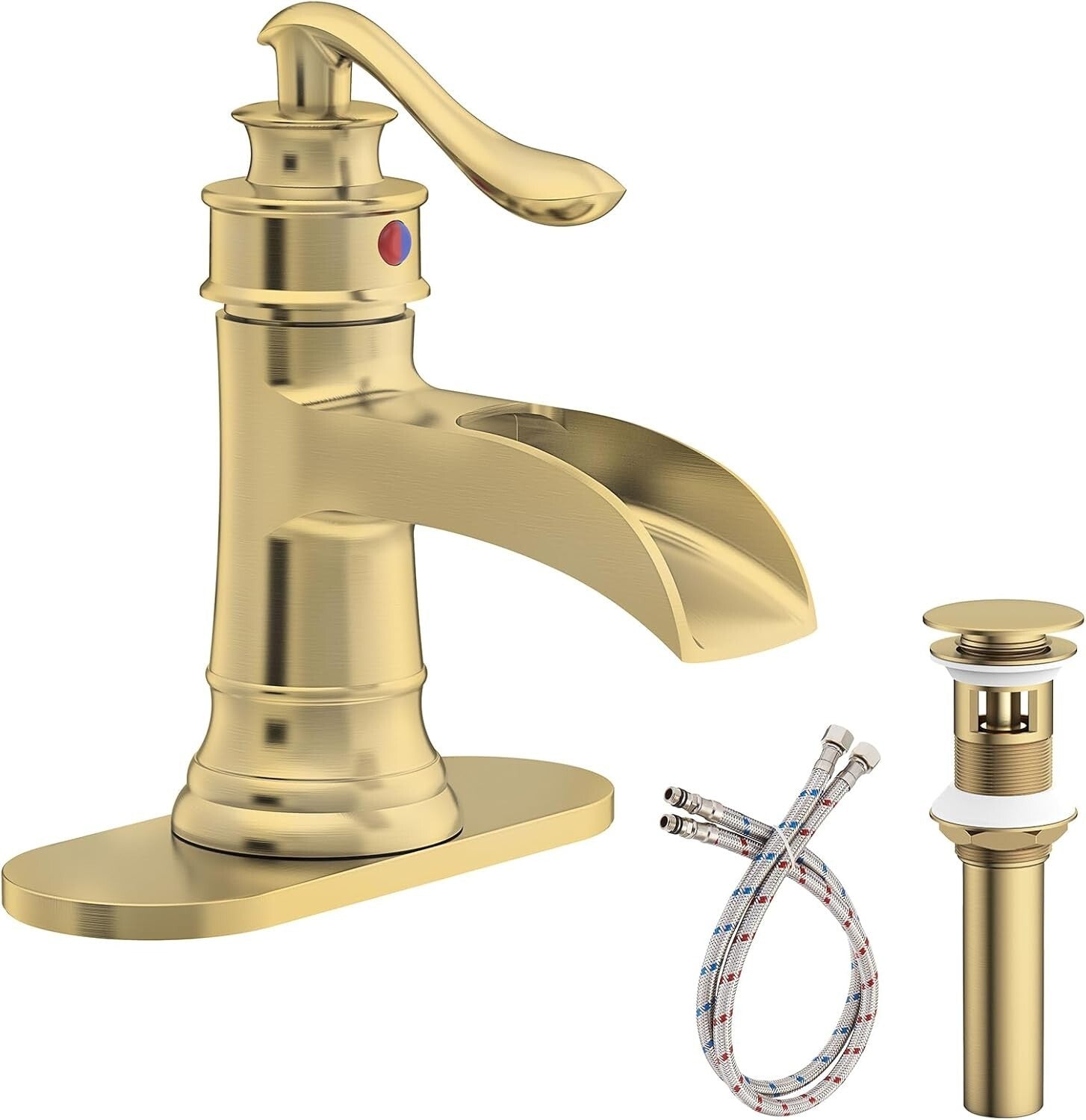 Brushed Gold Waterfall Sink Faucet - Durable Brass, Single Handle, All-Inclusive