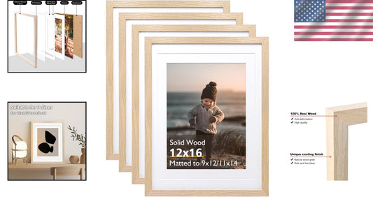 Natural Finish 12x16 Wall Frames with Mat - Ideal for Home Display, Set of 4