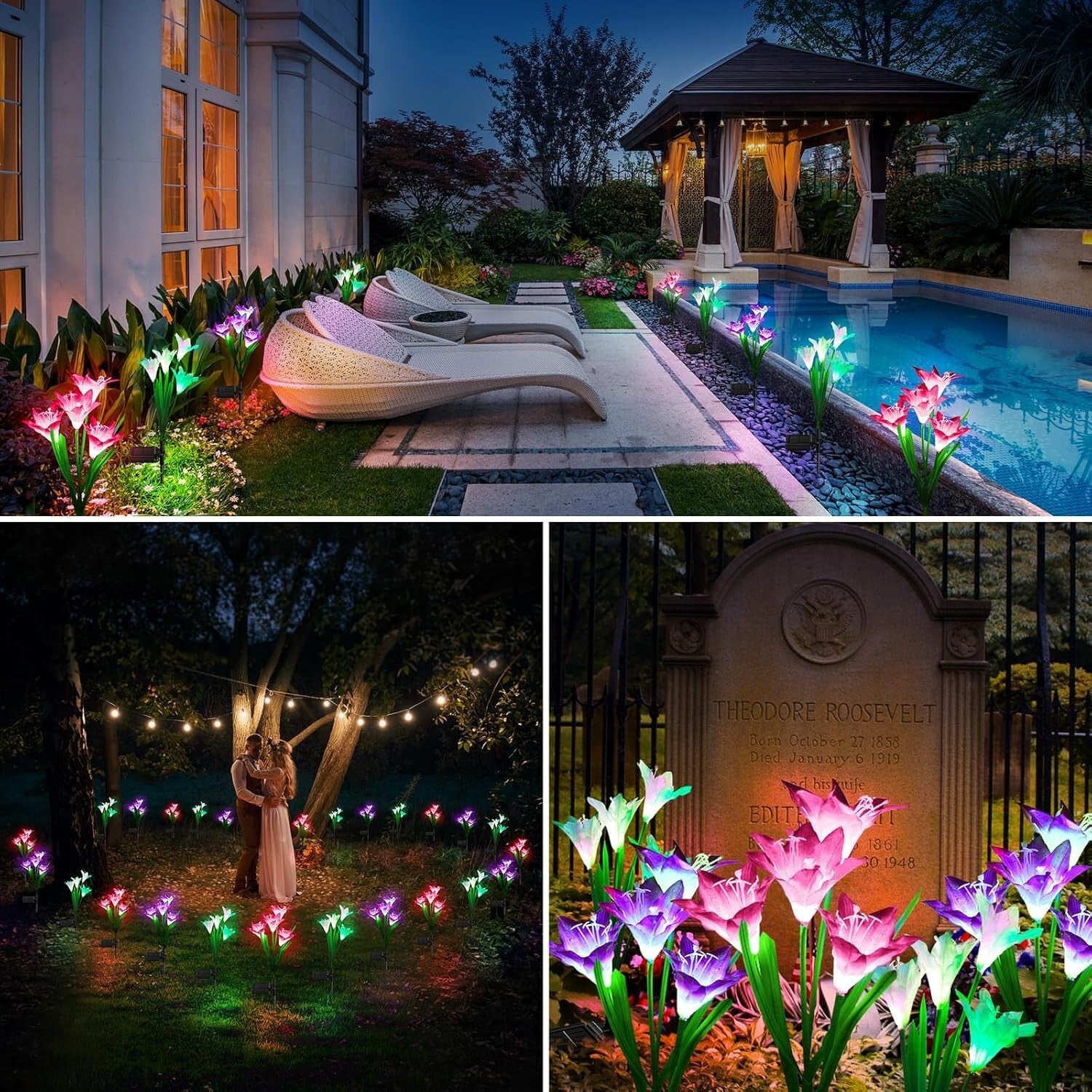 Solar Garden Lights Set with 8 Larger Lily Flowers - Waterproof & Color Changing