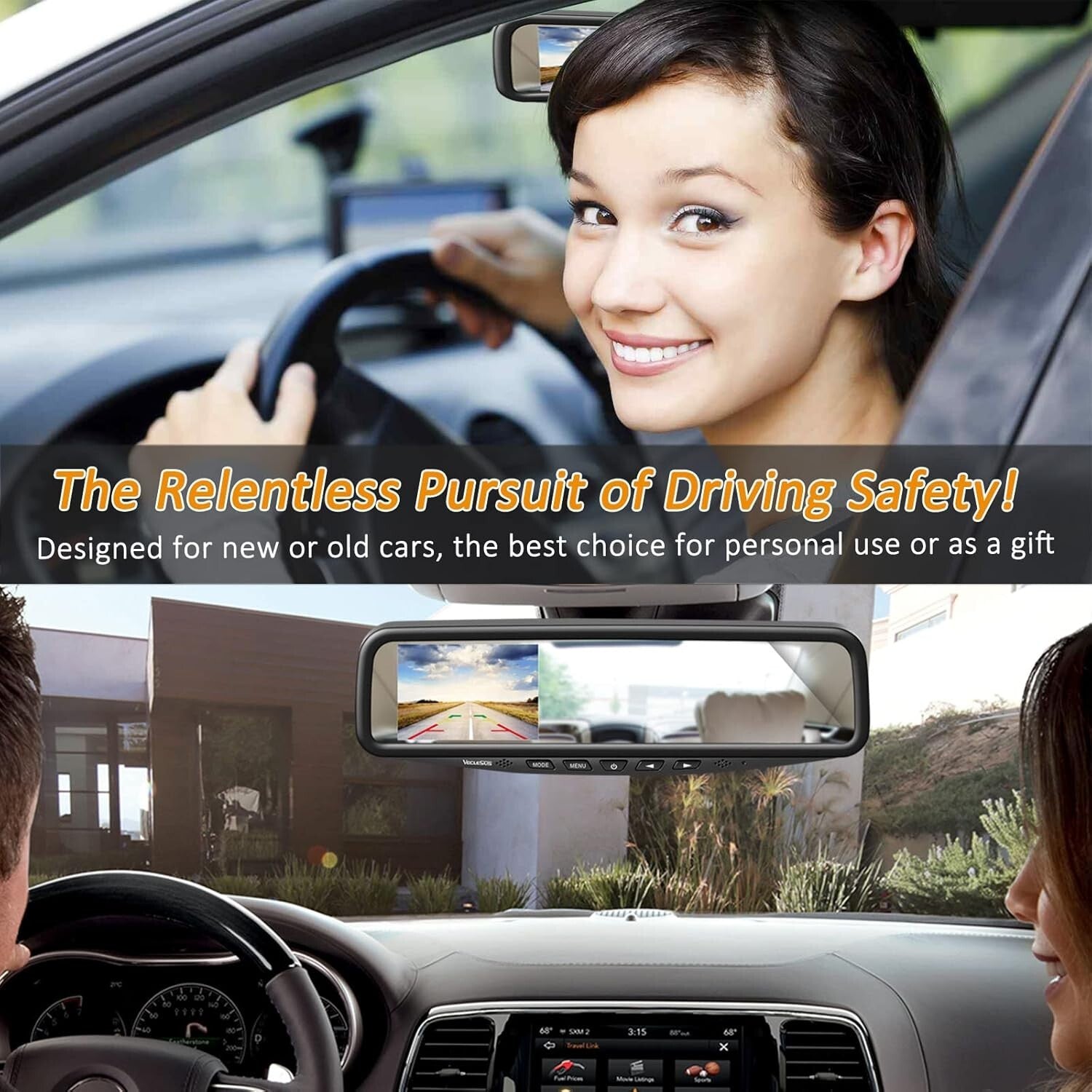 1080P Waterproof Car Backup Camera with 4.3" In-Mirror Monitor Clip-On Design