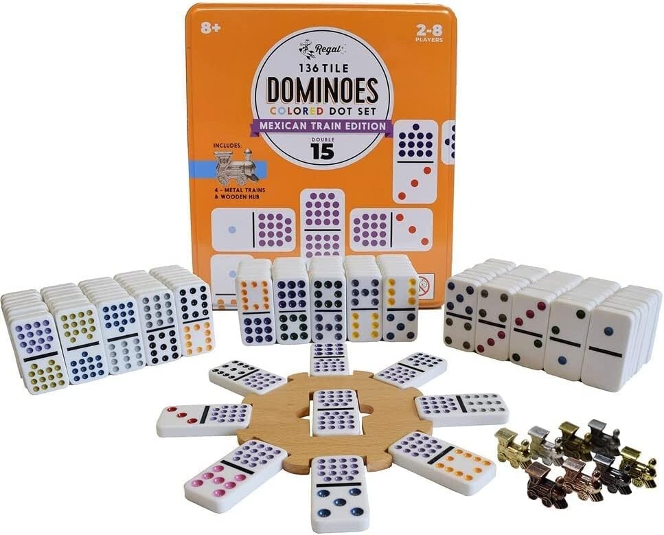 Ideal Gift: Mexican Train Double 15 Dominoes Set with Metal Trains - 2-8 Players