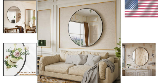 42-Inch Round Wall Mirror - Elegant Black Aluminum Frame for Versatile Decor