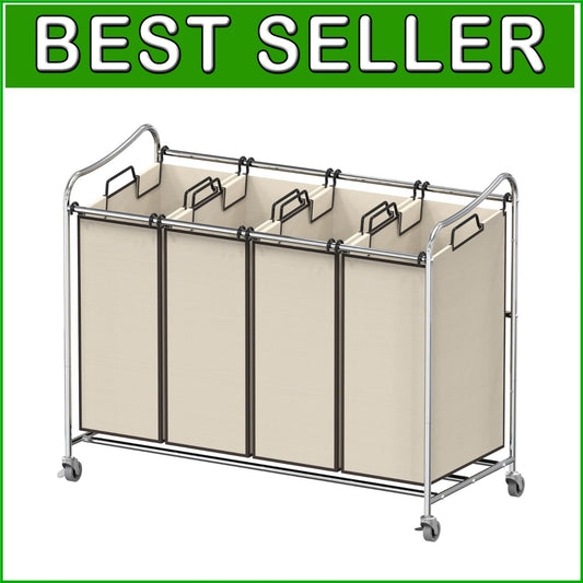 Efficient 4-Bag Heavy-Duty Laundry Cart with Smooth Rolling Casters in Chrome