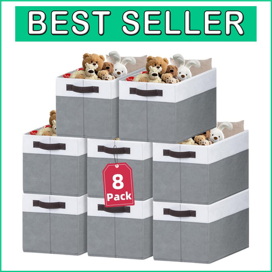 8 Pack Extra Large Storage Bins for Stylish Closet Organization - White & Grey