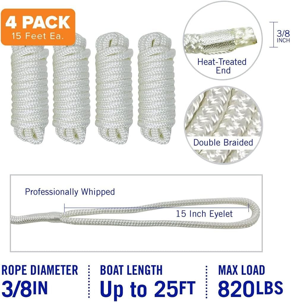 4 Pack 3/8" Double Braided Nylon Boat Dock Lines - 15ft Weather Resistant