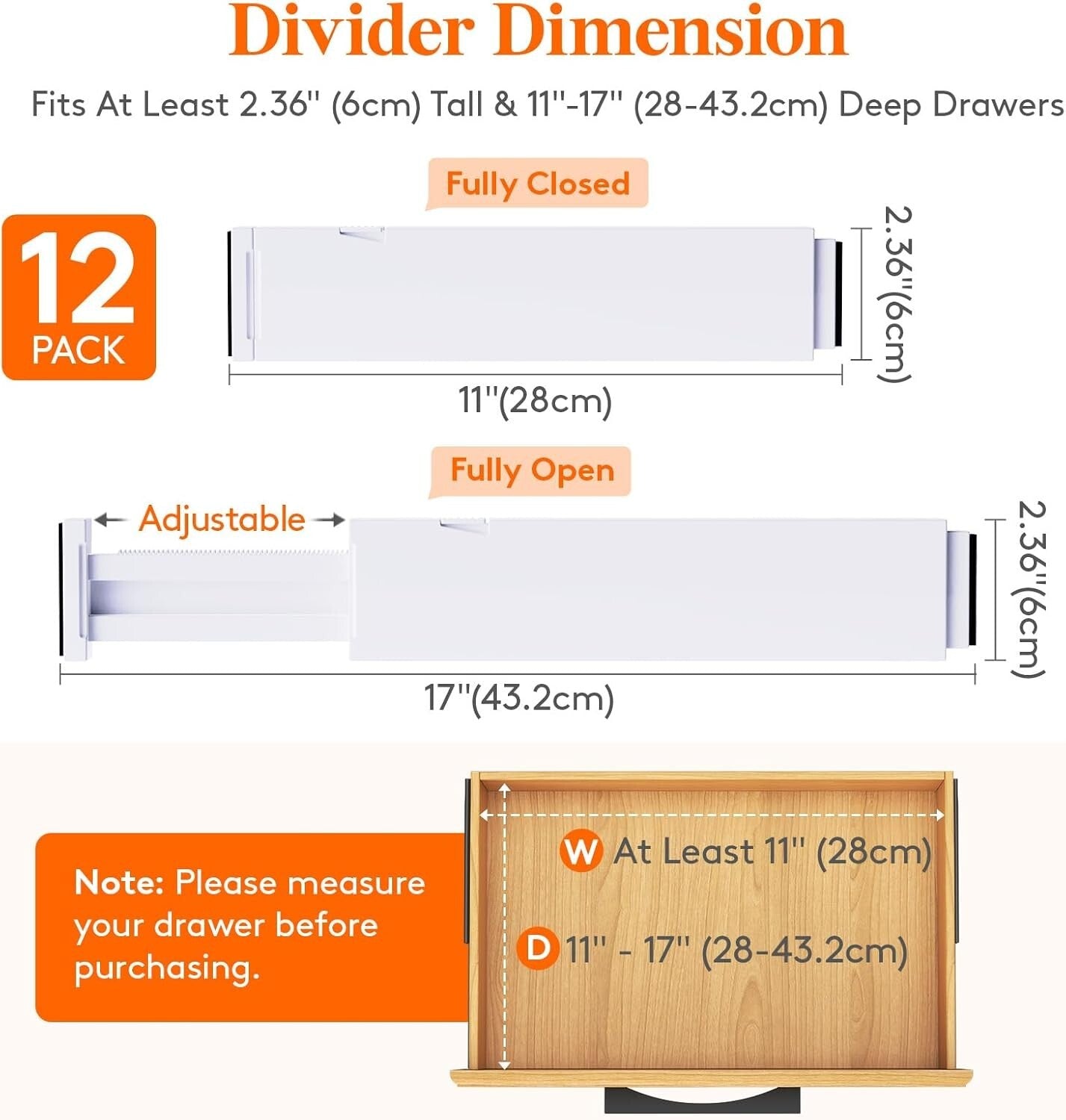 12 Pack Adjustable Drawer Dividers - Expandable Utensil and Tool Organizers