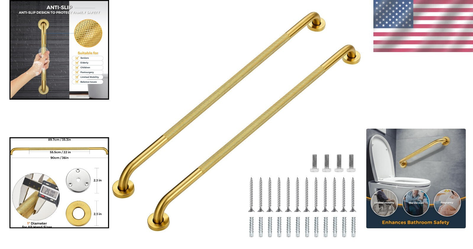 Durable 36-Inch Shower Grab Bars - Non-Slip Stainless Steel Supports for Elderly