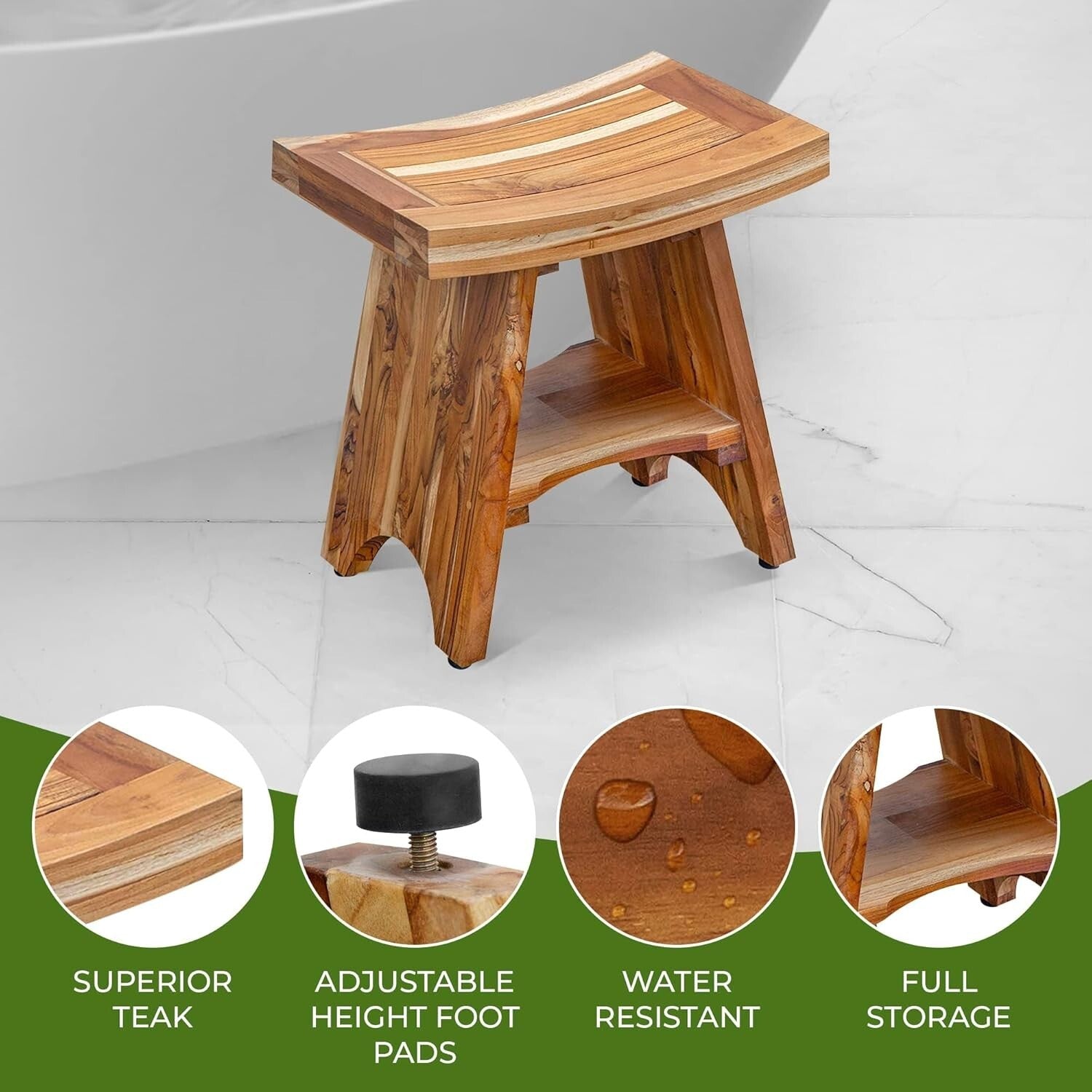 Stylish Waterproof Teak Shower Stool - 18 Inch Design for Comfort & Organization