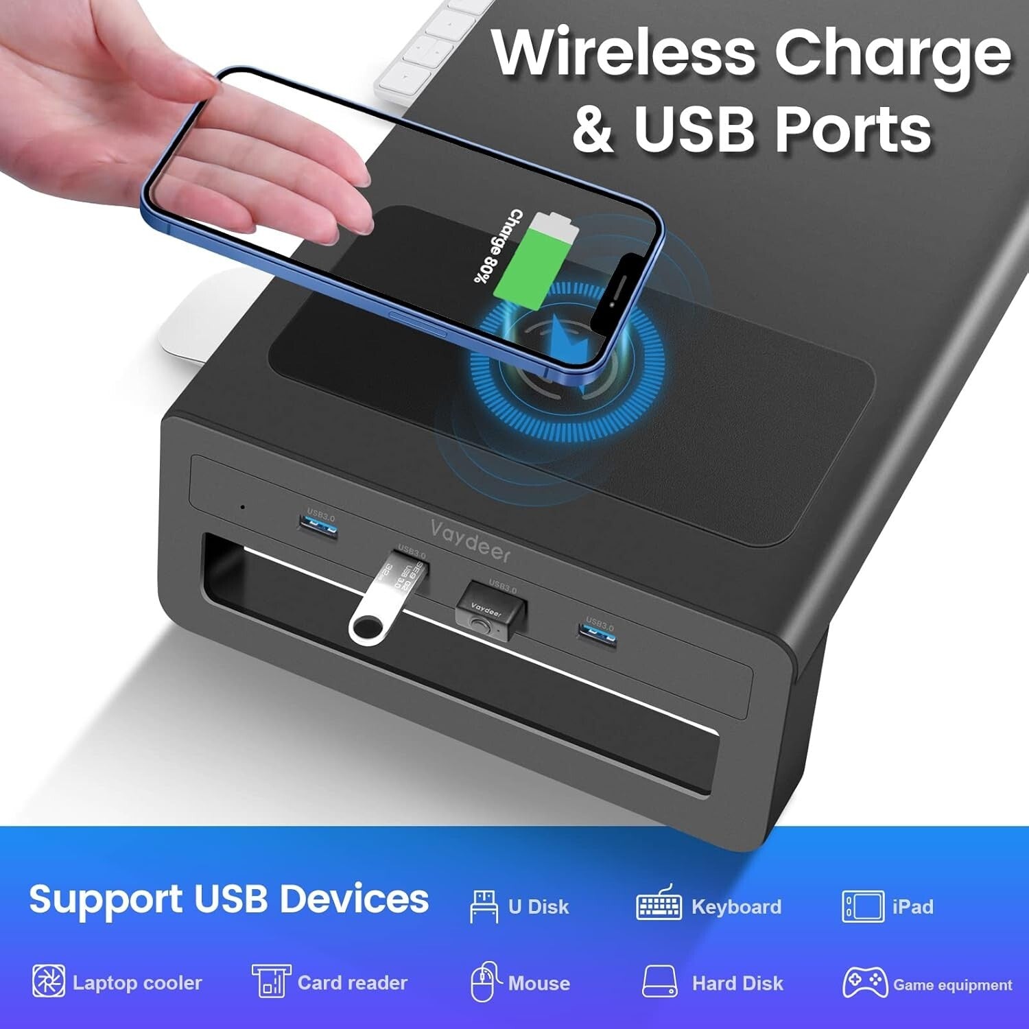 High-Quality Dual Monitor Riser with Fast Wireless Charging & 4 USB Ports
