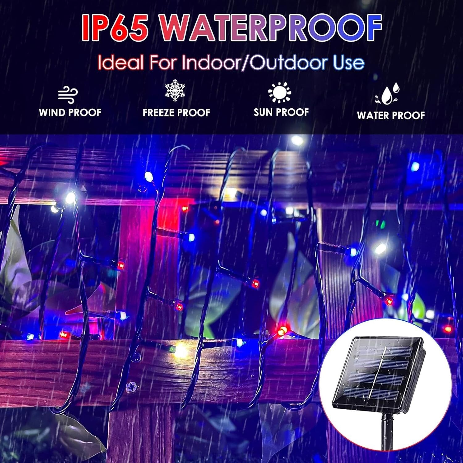 4-Pack Solar LED String Lights 132FT in Red, White & Blue for Independence Day