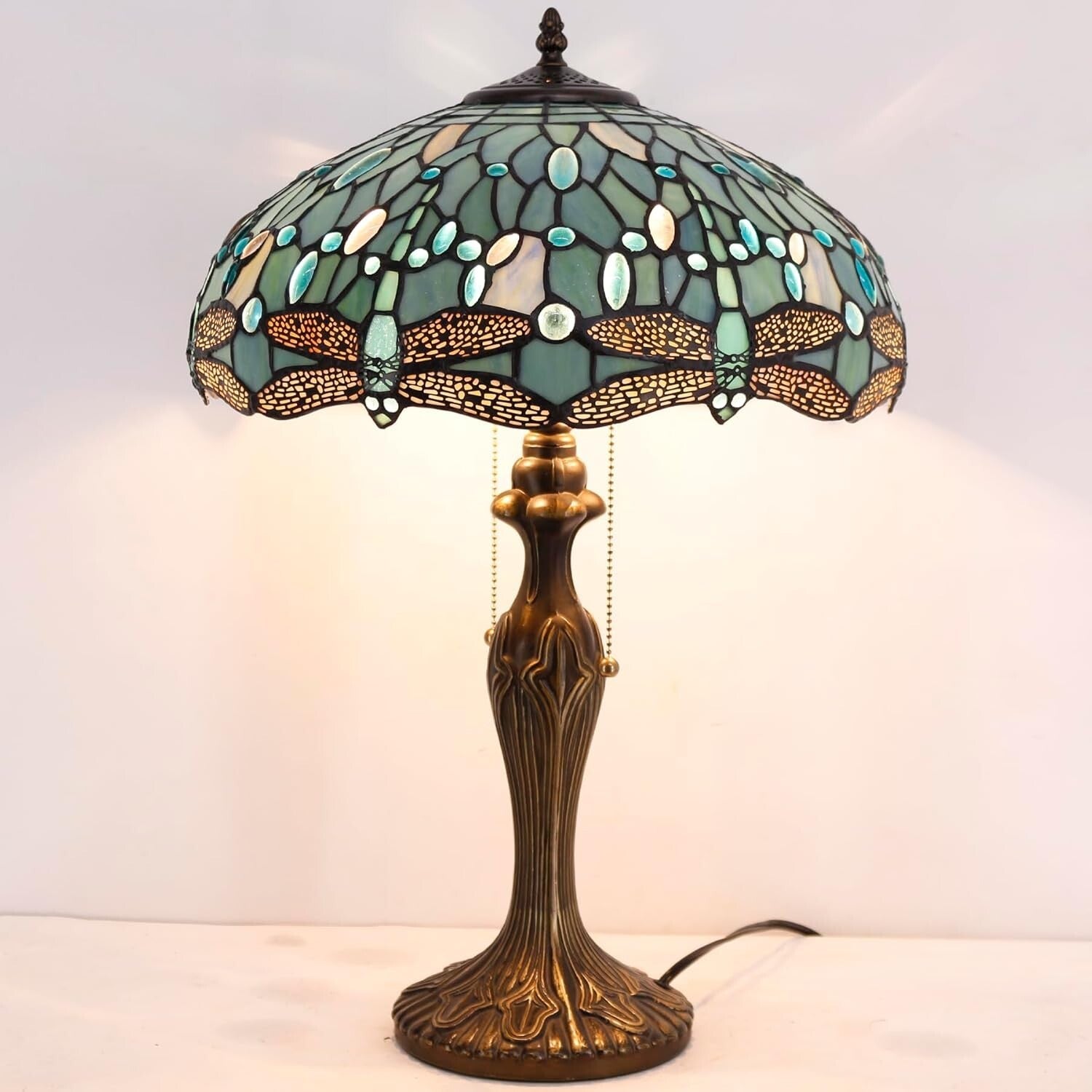 Antique Bronze Dragonfly Tiffany Lamp - Sea Blue Stained Glass Shade 16x24"