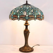 Load image into Gallery viewer, Antique Bronze Dragonfly Tiffany Lamp - Sea Blue Stained Glass Shade 16x24"