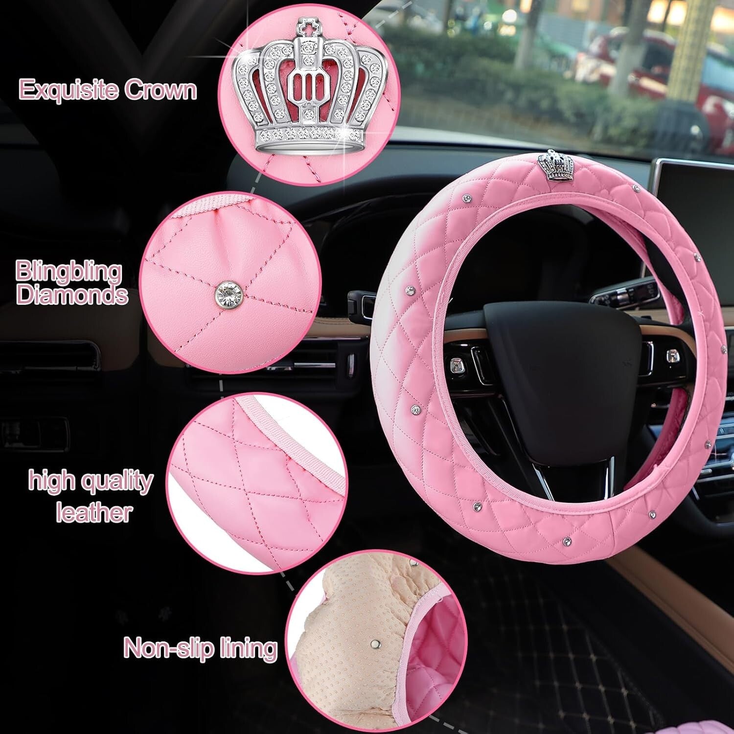 Elegant 14-Piece Pink Car Accessory Collection with Rhinestone Steering Wheel