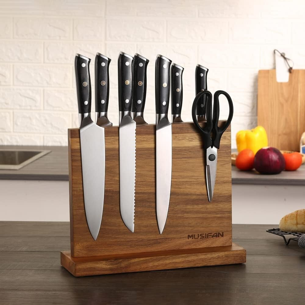 Quality Acacia Wood Magnetic Knife Display with Non-Slip Stability Features