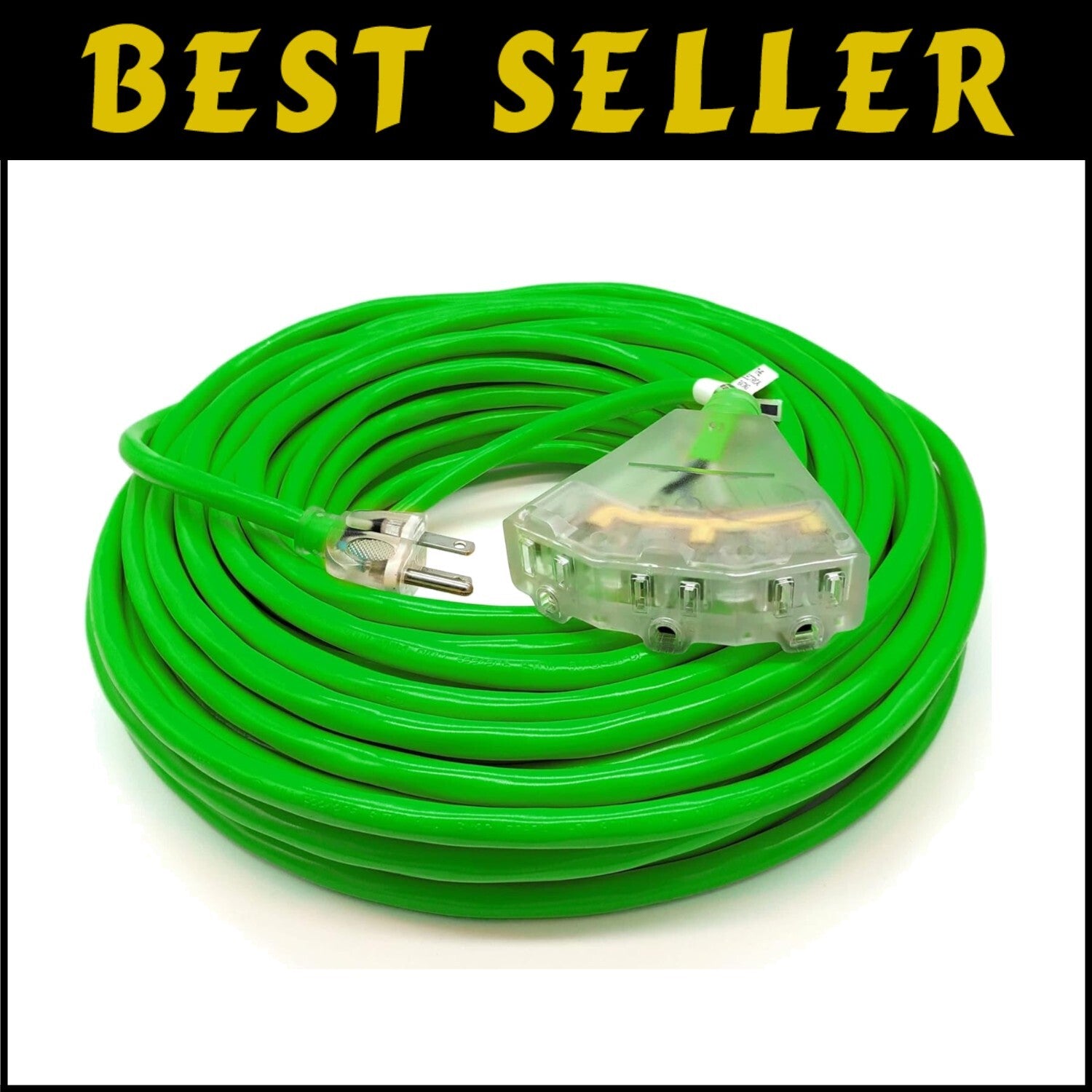 100 Ft 14-Gauge Heavy Duty Extension Cord with 3 Lighted Outlets for Outdoor Use