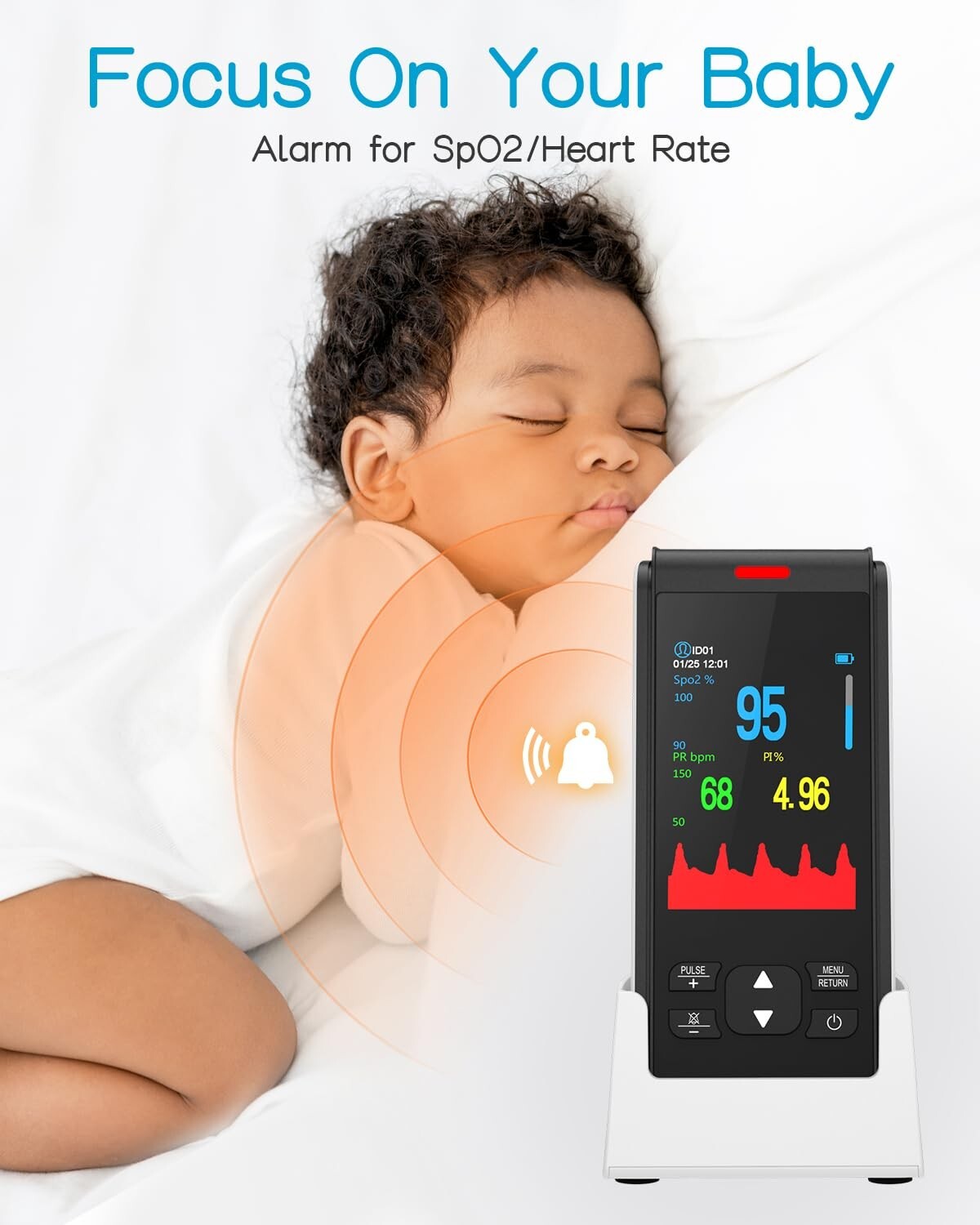 Accurate Baby & Adult Pulse Oximeter with Alarm - Continuous Monitoring Device