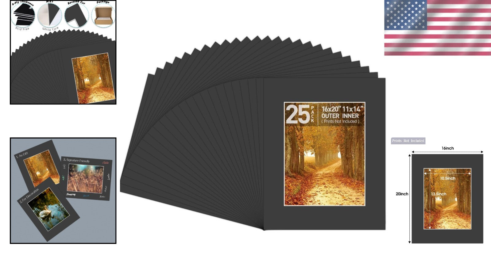 Elegant 16x20 Black Picture Mats with White Core - 25 Count for 11x14 Images