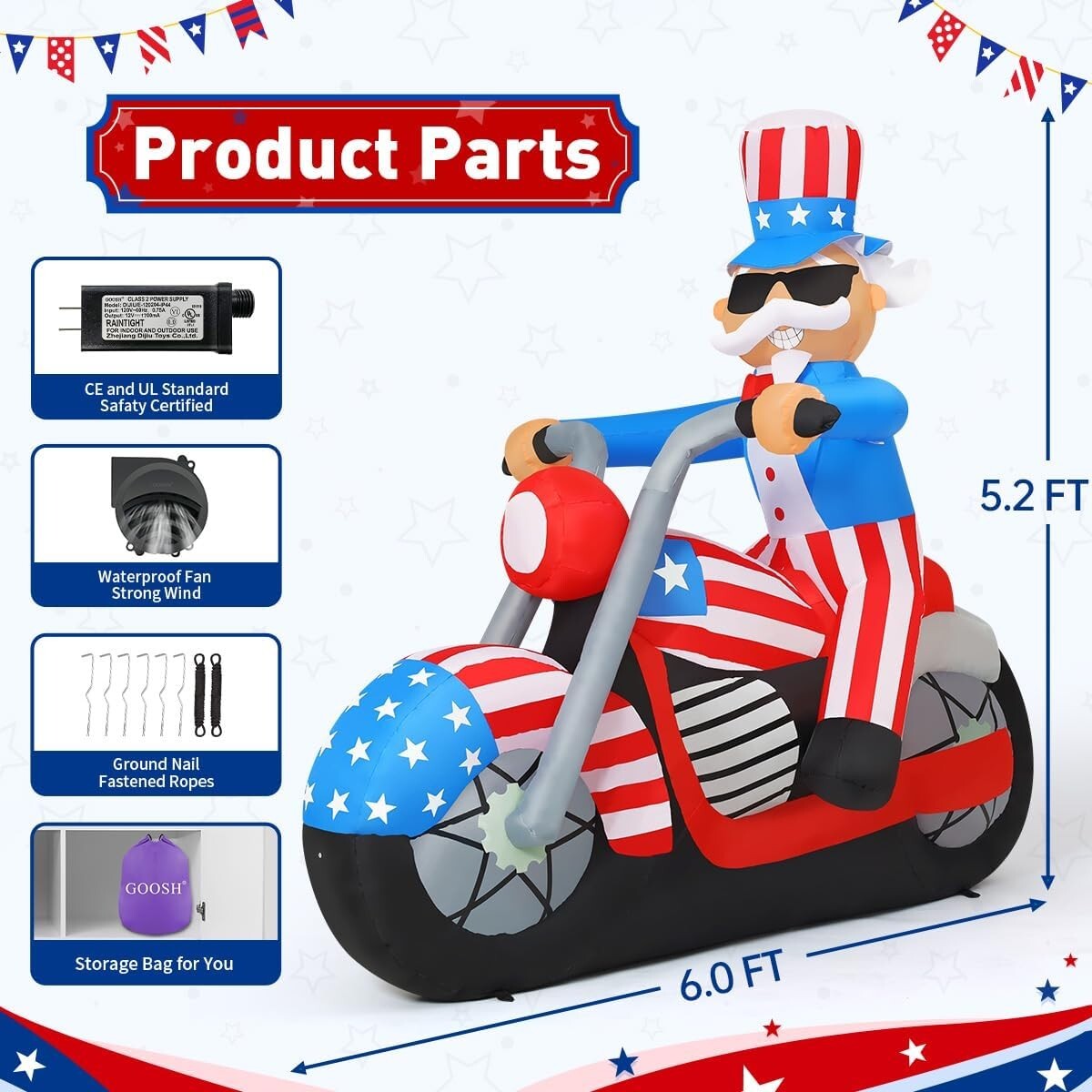 Bright 6FT Patriotic Uncle Sam Inflatable with Fast Setup & Weatherproof Design