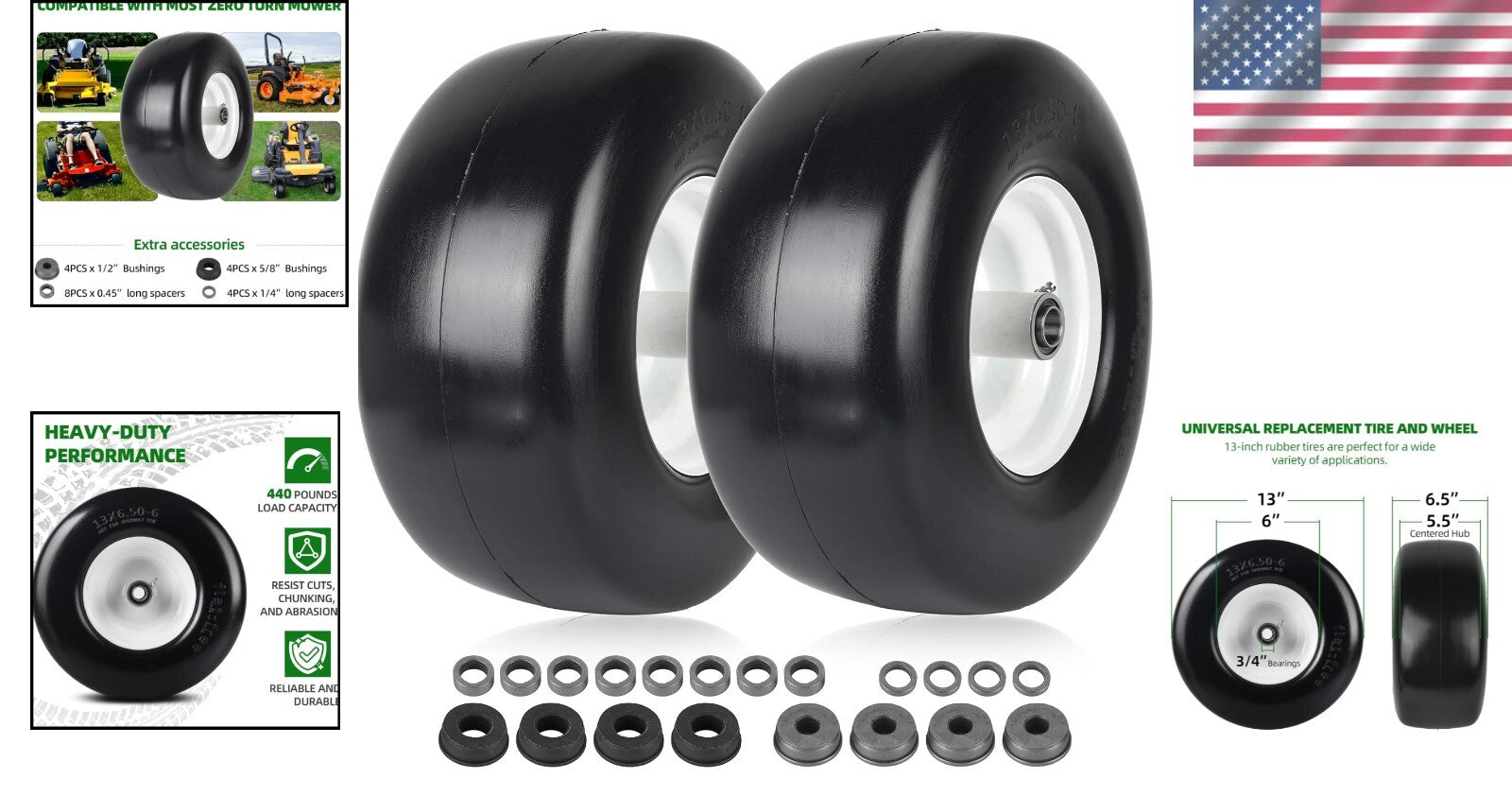 2-Pack Lawn Mower Tires - 13" Flat-Free Rubber with Rim for Smooth Turf Treads