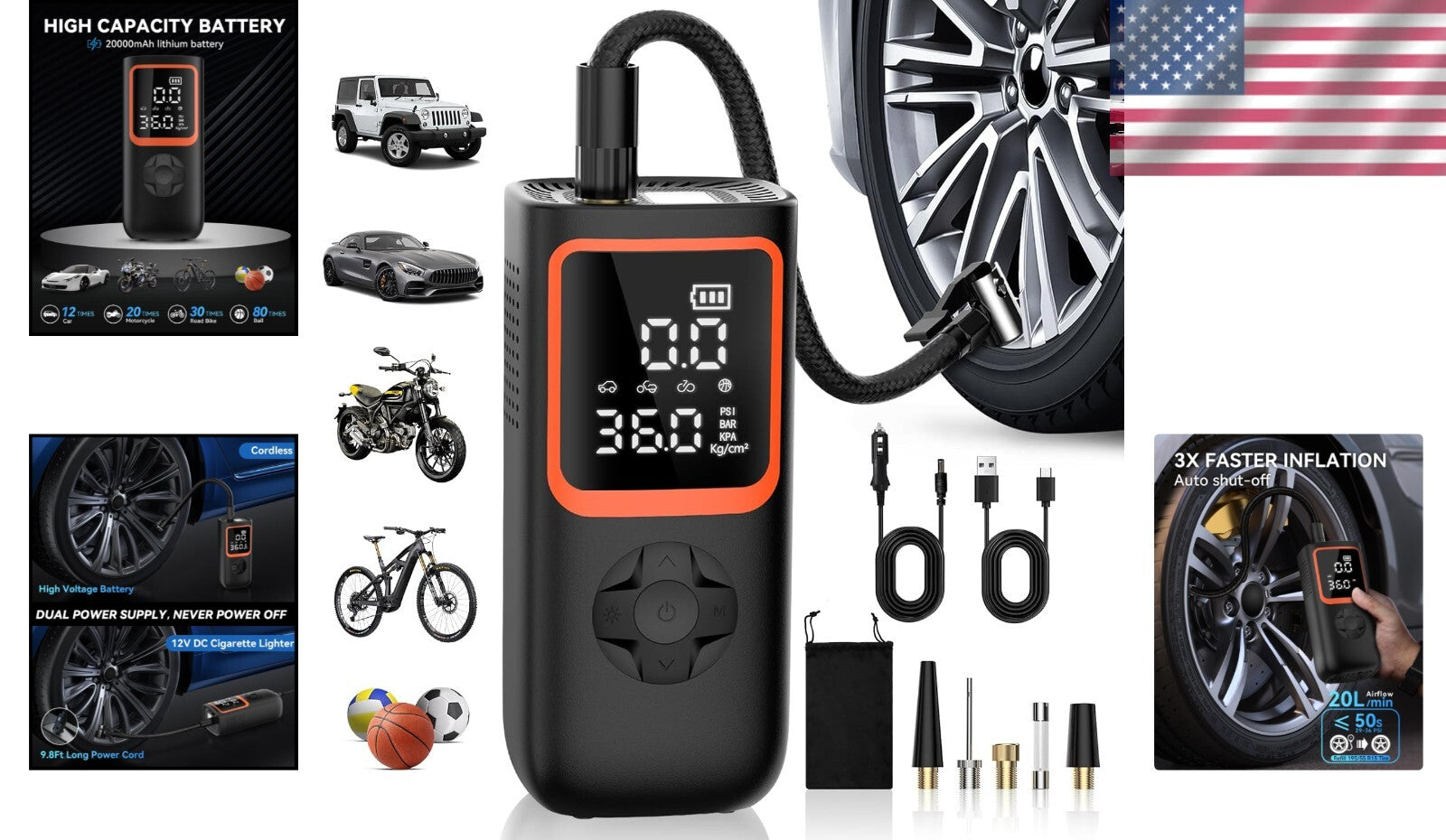 Multi-functional Tire Pump - Cordless Air Compressor with Emergency USB Ports
