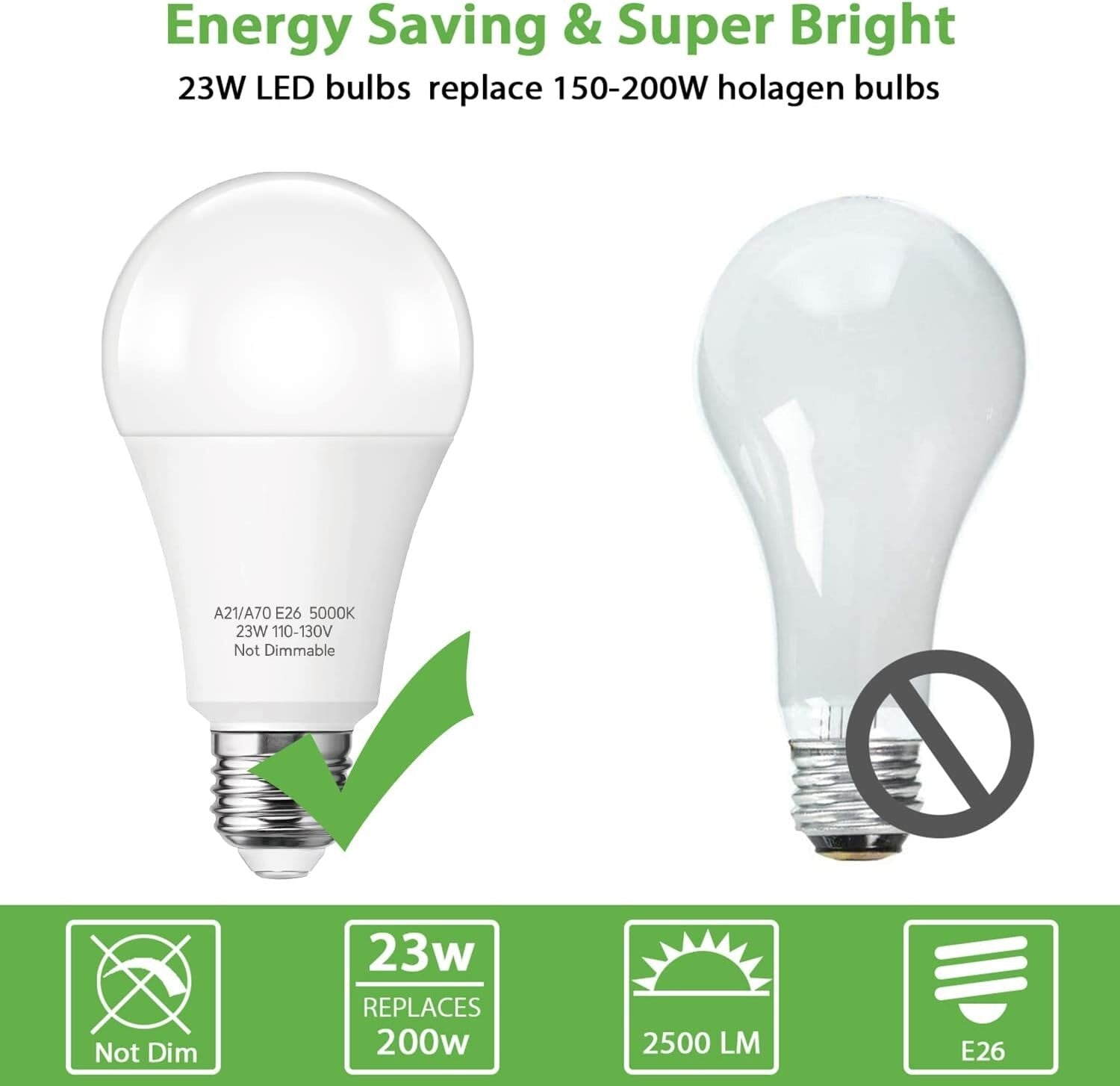 Energy-Saving A21 LED Bulb - 150-200W Equivalent, Instant Brightness at 5000K