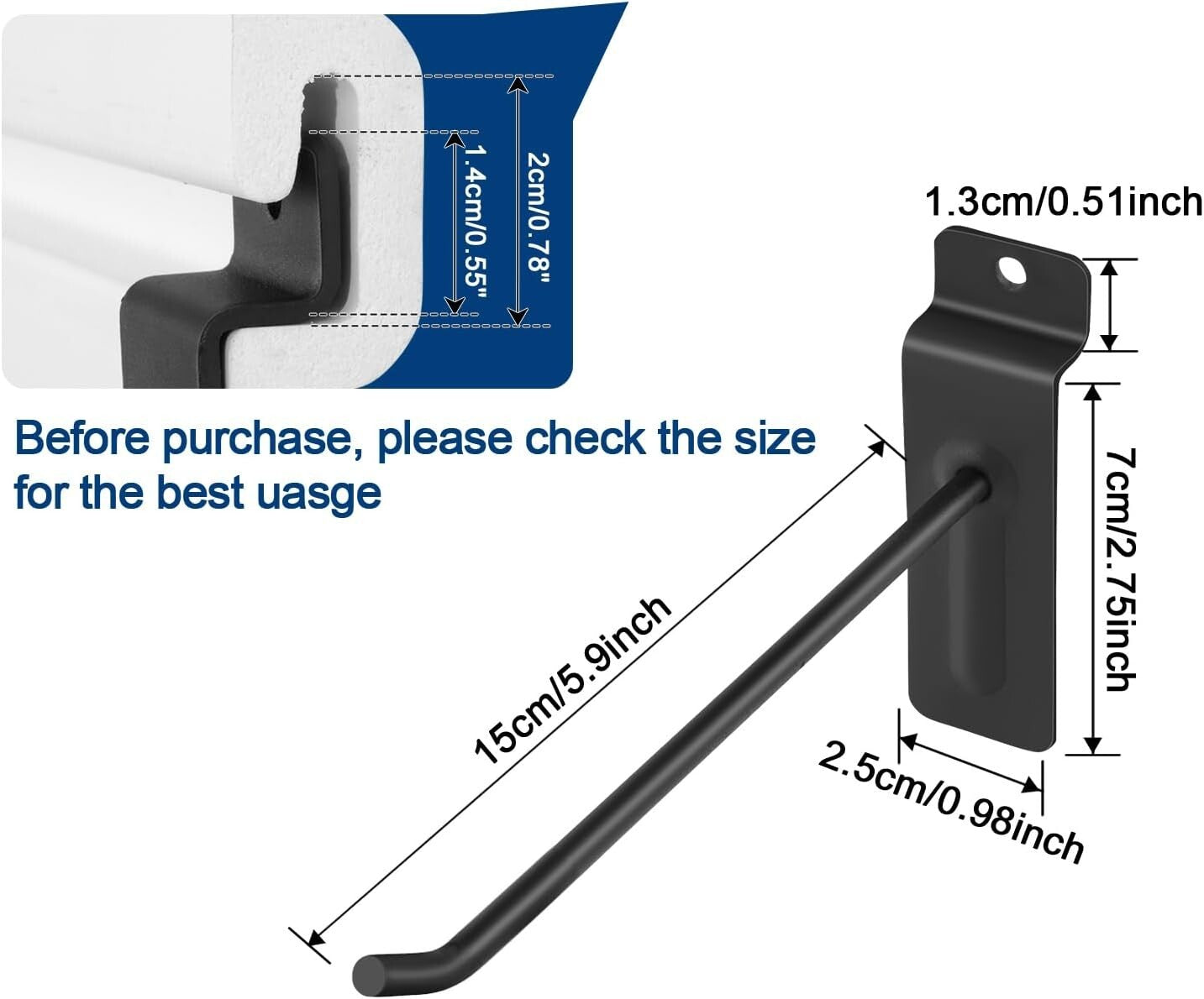 6-Inch Matte Black Slatwall Hooks - 96 Heavy Duty Hooks for Durable Organization