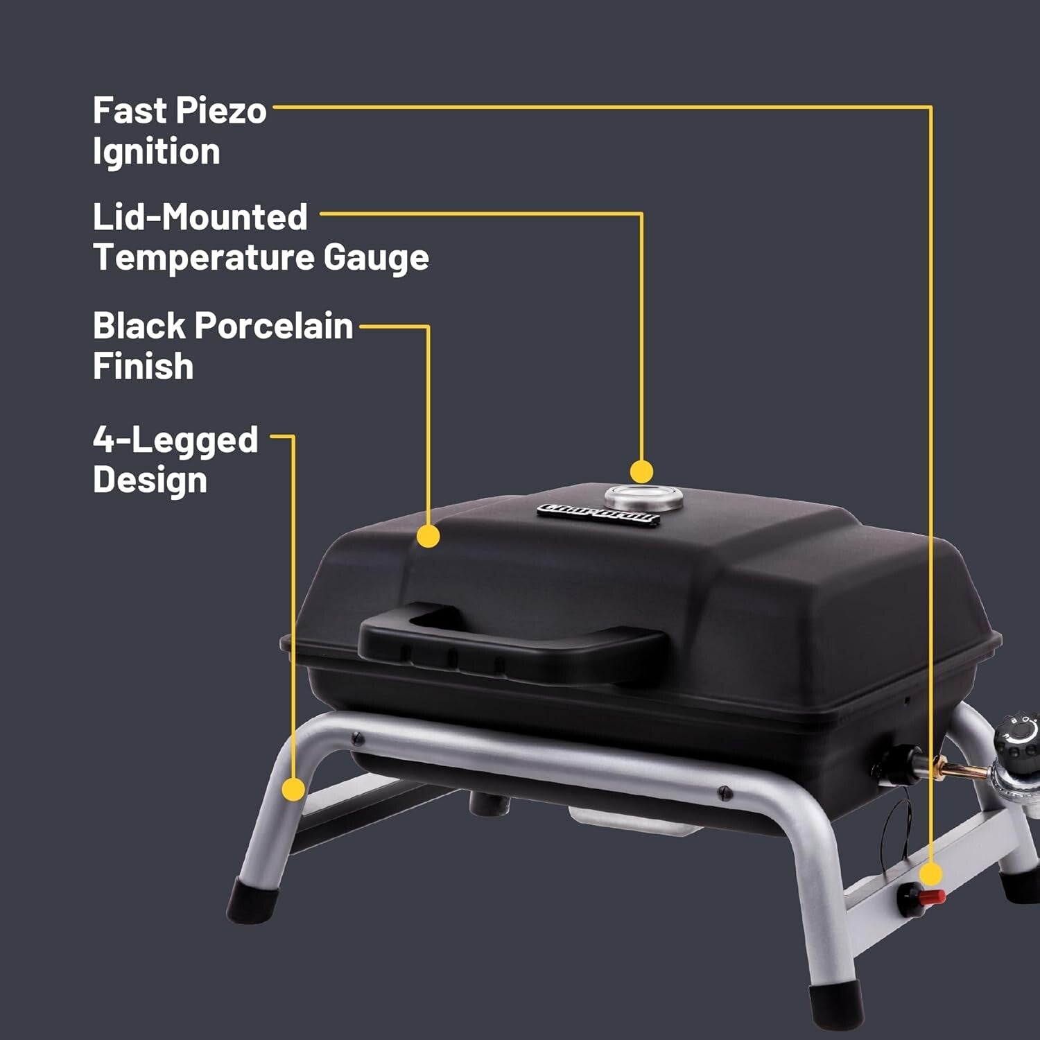 Black Portable Gas Grill with Temperature Gauge and Removable Grease Tray