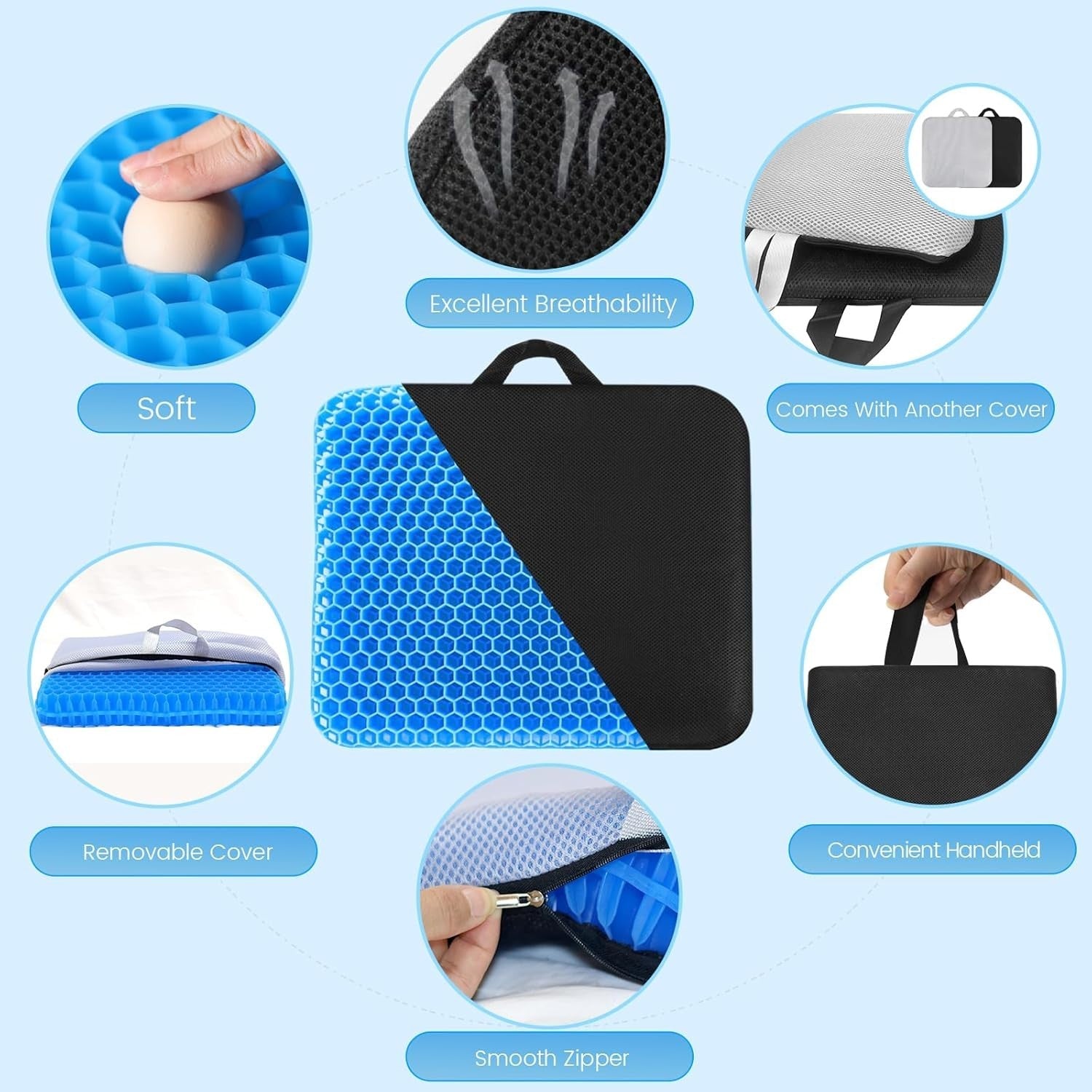 Breathable Large Gel Seat Cushion for Office, Car, & Wheelchair Use - 19.7''