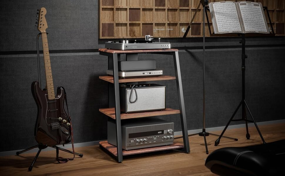 Elegant Corner Shelf for Record Player & Media with Adjustable Wooden Shelves