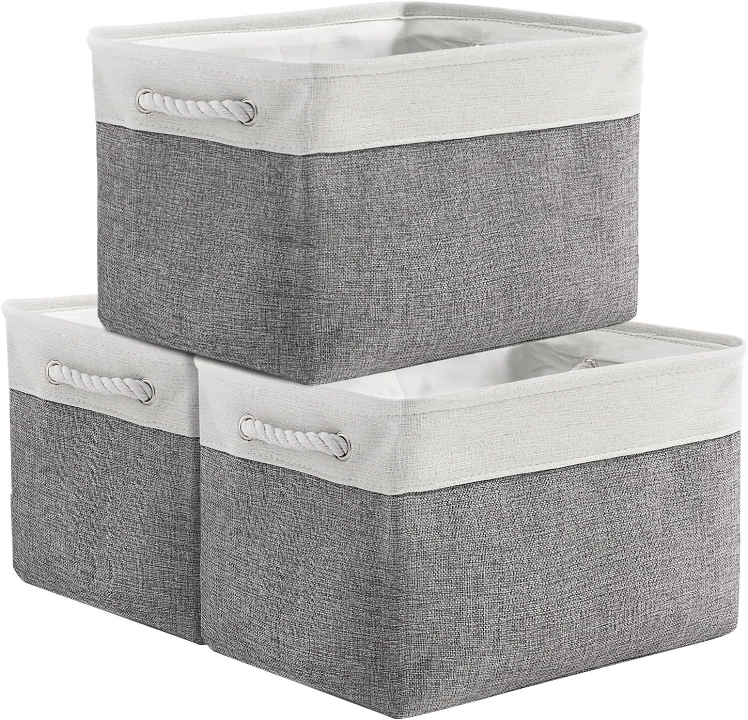 3 Pack Fabric Storage Bins in White & Grey - 16x12x12 Inches for Organization