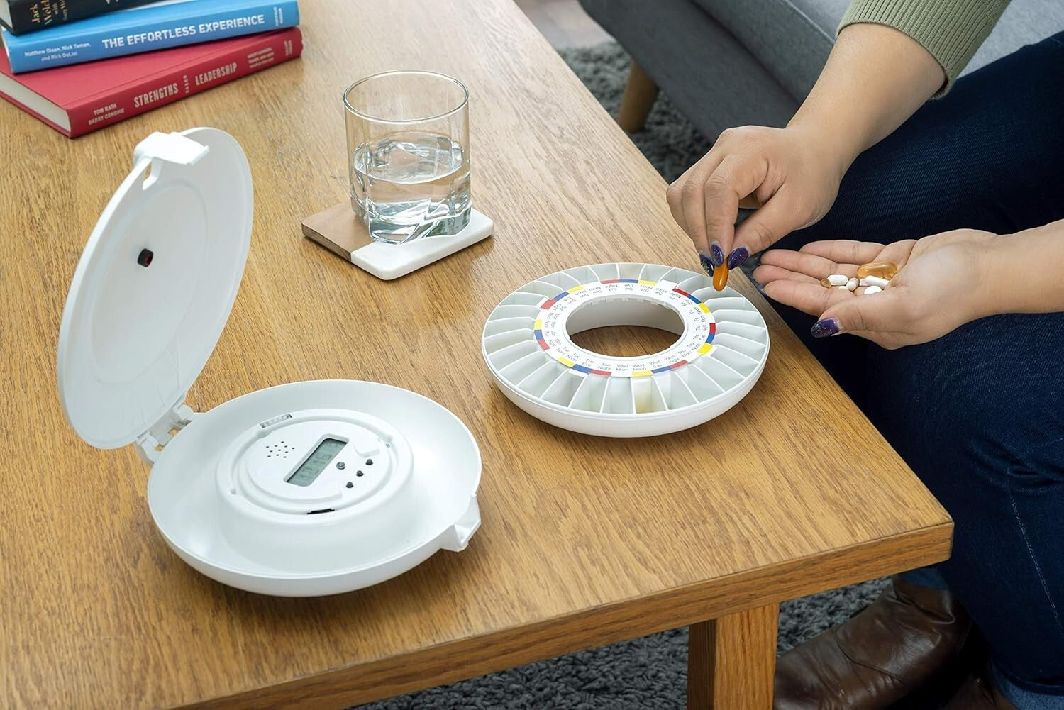 MedTime Station: White Locked Pill Dispenser with 28 Compartments & Tipper Base